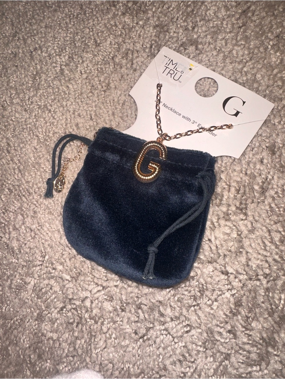 Time and Tru Gold 'G' Pendant Necklace with Navy Velvet Pouch